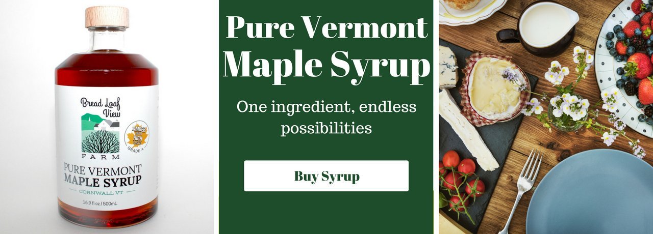 Glass Maple Syrup Bottle, Green text box with white writing, farm fresh breakfast plate