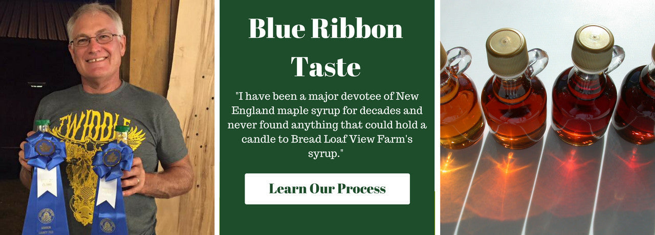 blue ribbons, red caps on maple syrup bottles